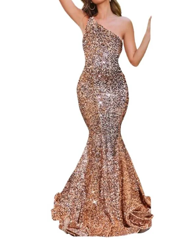 Long Sequin Formal Prom Dress In Rose Gold Party Wear Sequin