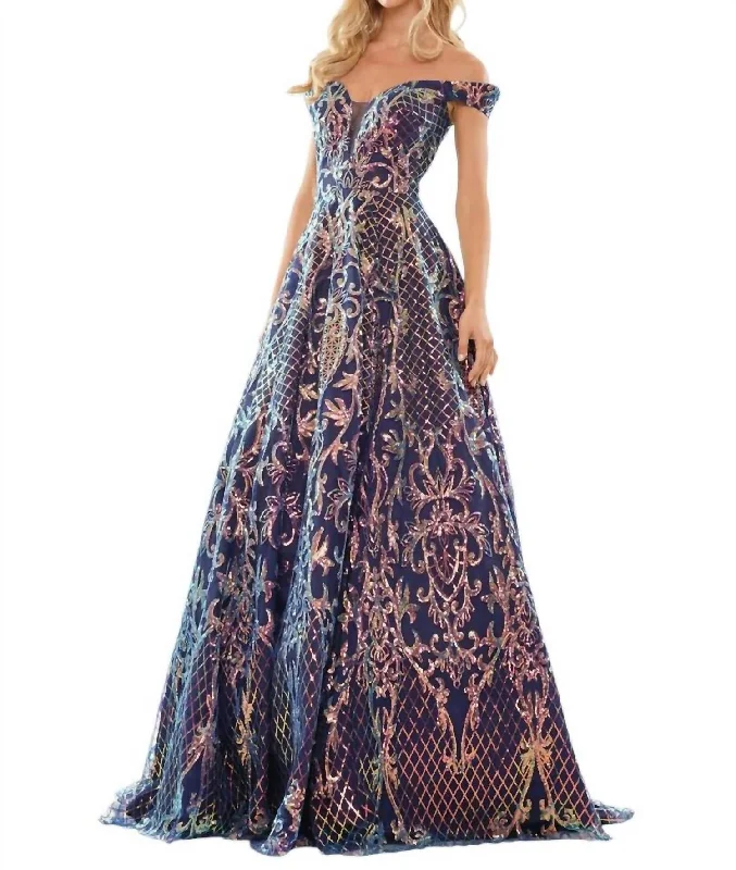 Off Shoulder Sequined Evening Dress In Navy Sparkling Sequin Dress