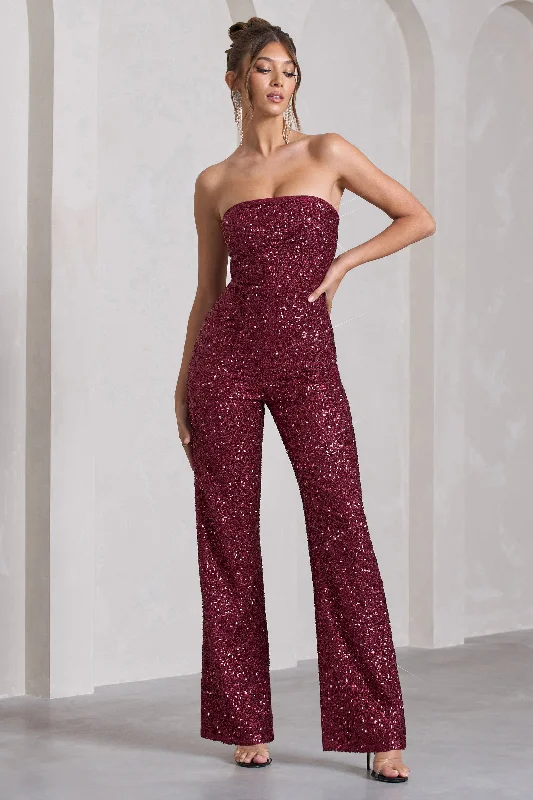 Ray | Berry Sequin Bandeau Wide-Leg Jumpsuit Long Sleeve Sequin