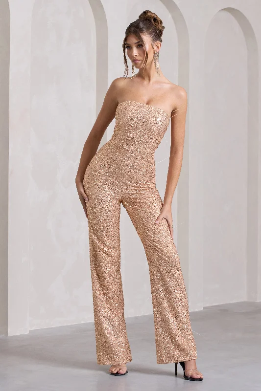 Ray | Rose Gold Sequin Bandeau Wide-Leg Jumpsuit Sequin Fit Dress