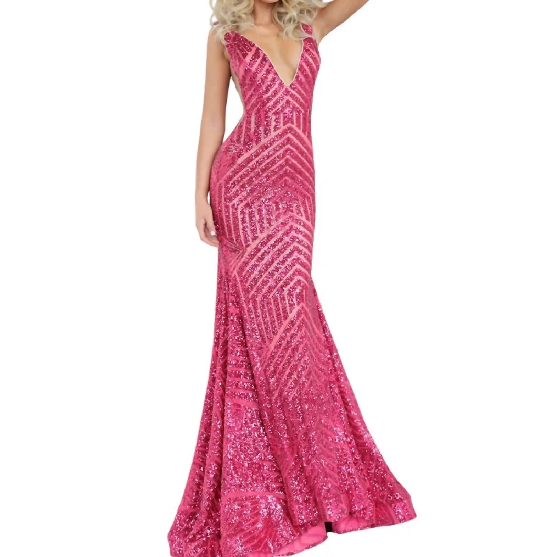 Sequin Embellished V-Neck Dress In Fushia Pink Sequin Dress