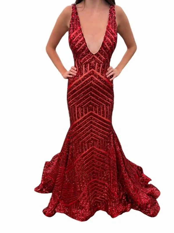 Sequin Embellished V-Neck Dress In Red High Waist Sequin