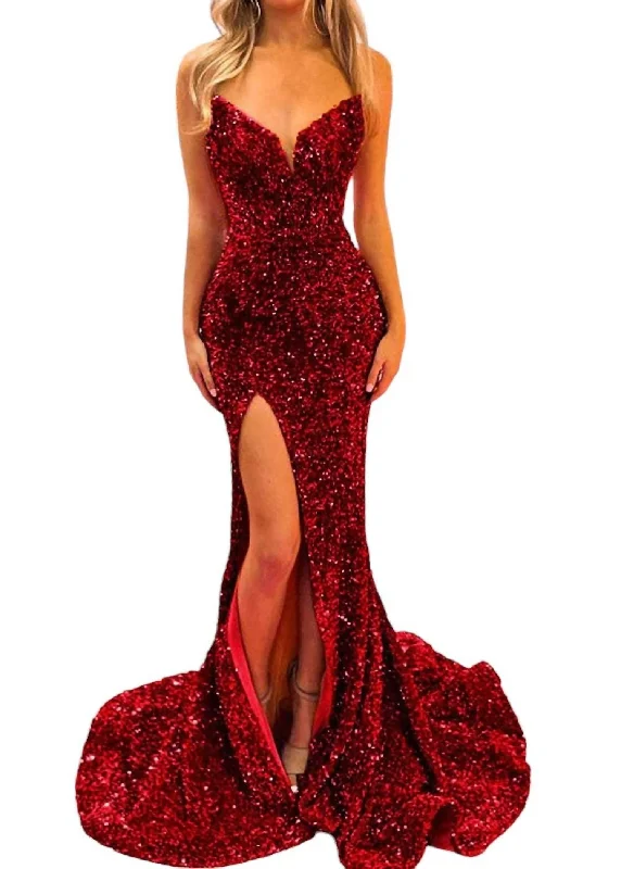 Sweetheart Neckline Fully Sequined Gown In Red Vintage Sequin Dress