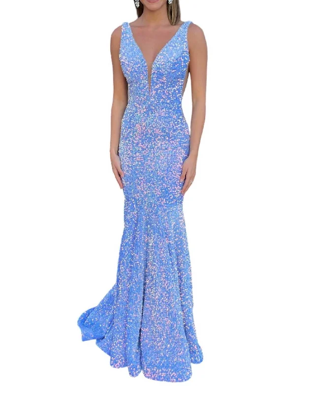 Velvet Sequins Backless Prom Dress In Aqua Sequin Gown Chic