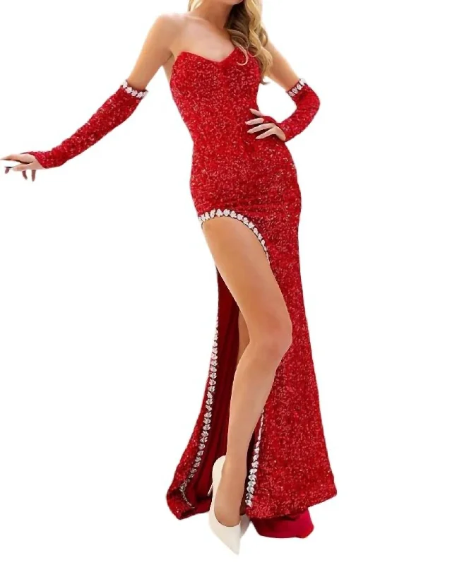 Velvet Sequins Evening Dress In Red Lush Sequin Dress