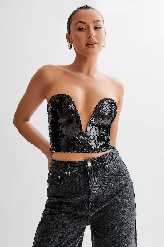 Zariah Strapless Sequin V Corset - Black Sequin Maxi Dress