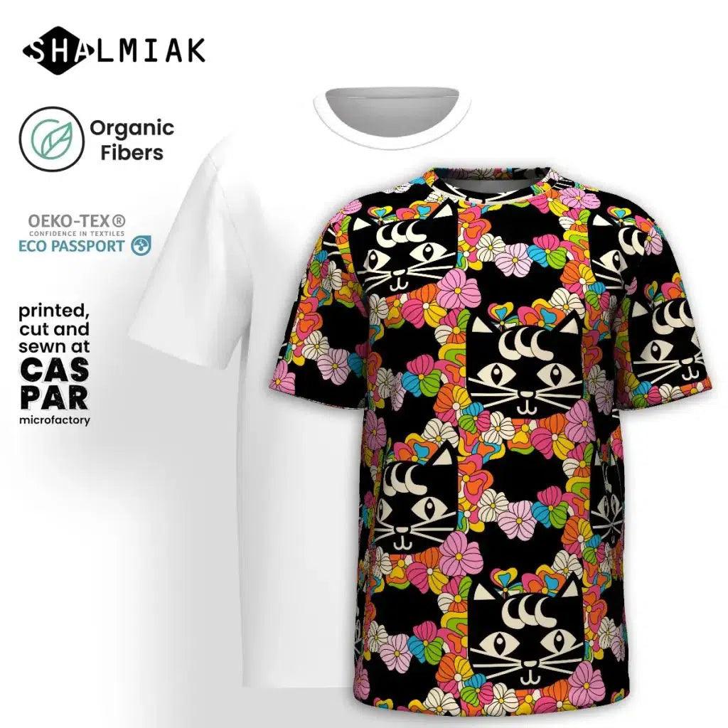 MAGICAT black - T-shirt with black cats  (organic cotton) White Linen Shirt